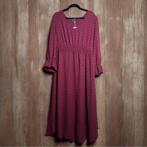 Polka Dot Pocket Lantern Sleeve Shirred Maxi Dress